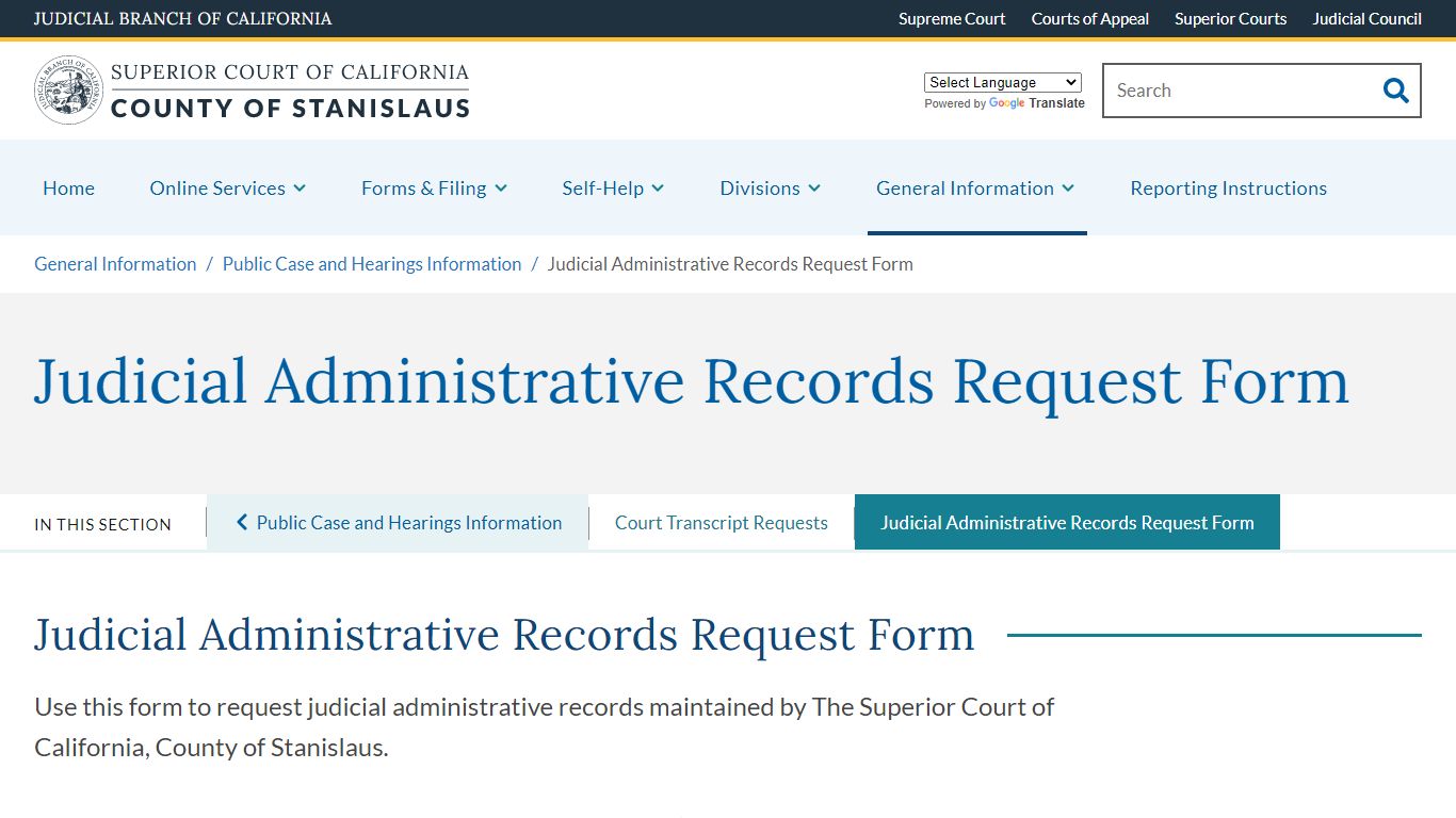 Judicial Administrative Records Request Form - County of Stanislaus